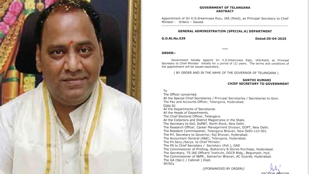 Telangana | సీఎం రేవంత్ రెడ్డి ప్రిన్సిపల్ సెక్రటరీగా.. రిటైర్డ్ ఐఏఎస్ శ్రీనివాసరాజు! Telangana | సీఎం రేవంత్ రెడ్డి ప్రిన్సిపల్ సెక్రటరీగా.. రిటైర్డ్ ఐఏఎస్ శ్రీనివాసరాజు!