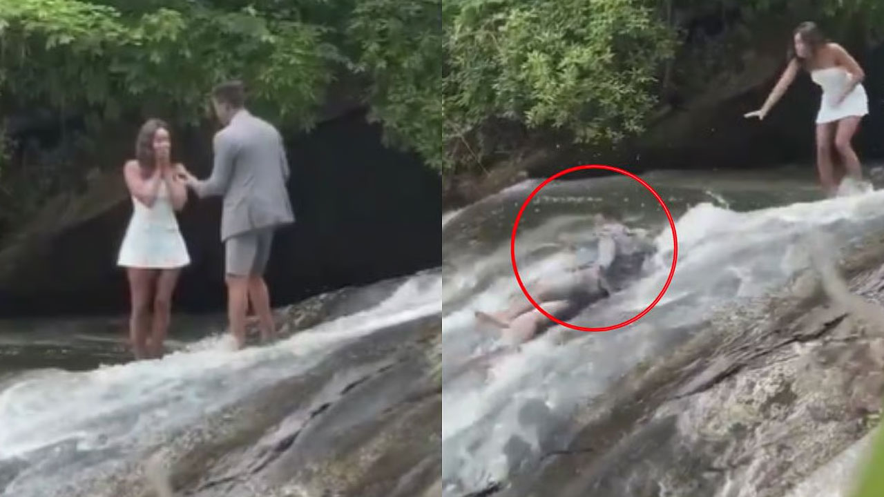 Proposal at Waterfall | వీళ్లు మారరు బ్రో! జలపాతం వద్ద ప్రపోజ్ చేయబోయాడు.. కాలు జారి.. Proposal at Waterfall | వీళ్లు మారరు బ్రో! జలపాతం వద్ద ప్రపోజ్ చేయబోయాడు.. కాలు జారి..