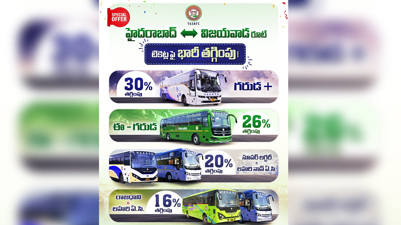 TSRTC Bus Fare Cut | హైదరాబాద్-విజయవాడ రూట్ ఆర్టీసీ చార్జీల తగ్గింపు TSRTC Bus Fare Cut | హైదరాబాద్-విజయవాడ రూట్ ఆర్టీసీ చార్జీల తగ్గింపు