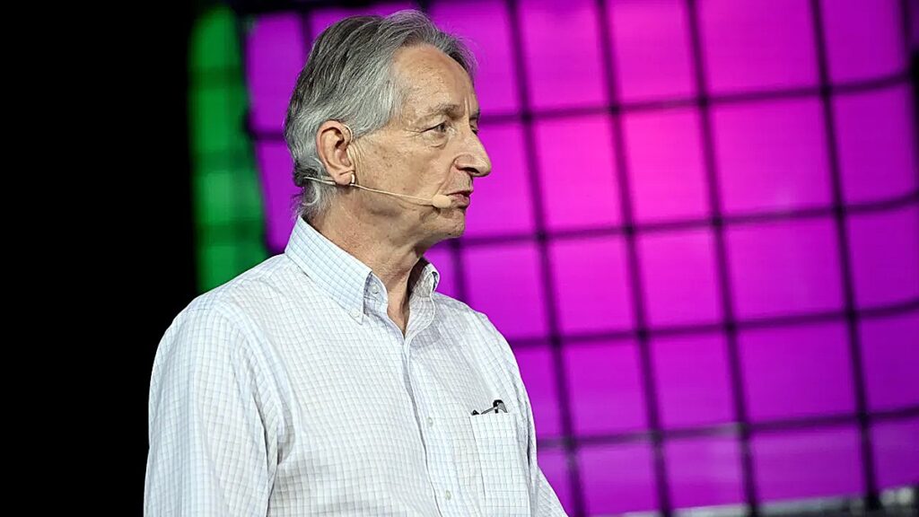 Geoffrey Hinton, Godfather of AI, speaking on AI risks and motherly instincts concept at Ai4 conference