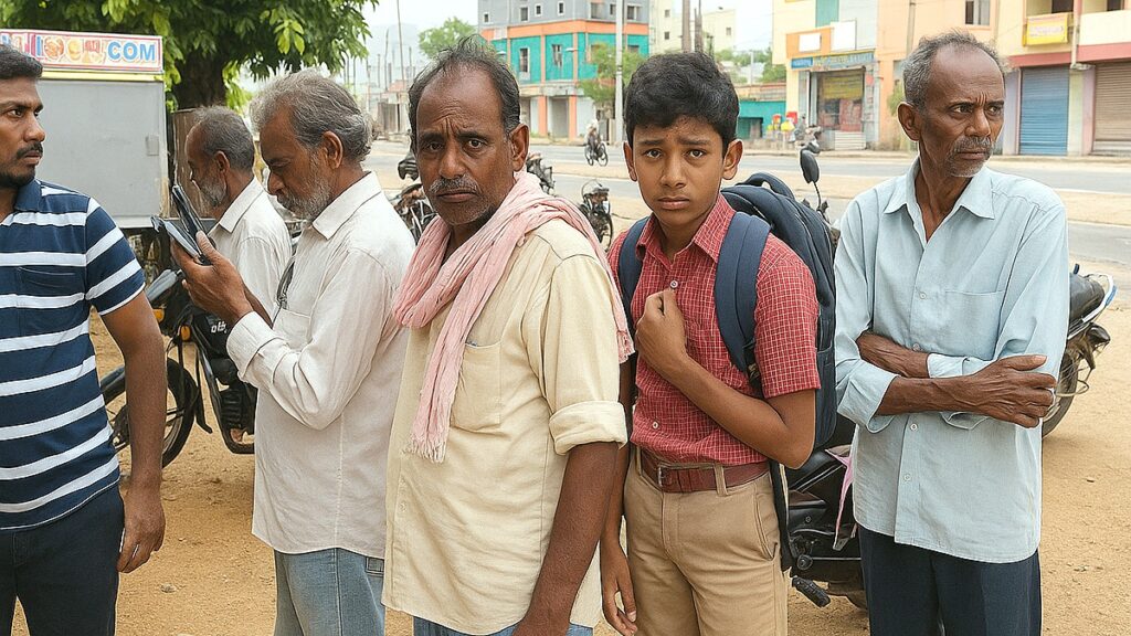 A schoolboy in uniform carrying a backpack stands in a long queue alongside farmers and elderly men, waiting for urea fertiliser in Telangana. The boy’s worried expression reflects the distress caused by the fertiliser shortage.