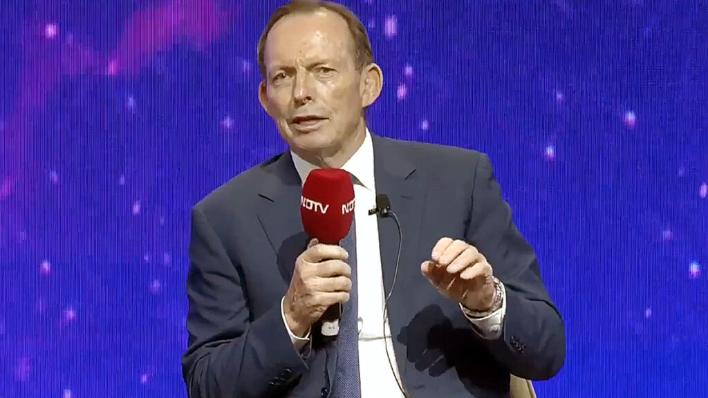 Former Australian PM Tony Abbott speaking at NDTV World Summit 2025, praising India as a future global leader