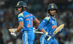 Jemimah Rodrigues and Harmanpreet Kaur discuss strategy during their match-winning partnership in the India vs Australia semi-final