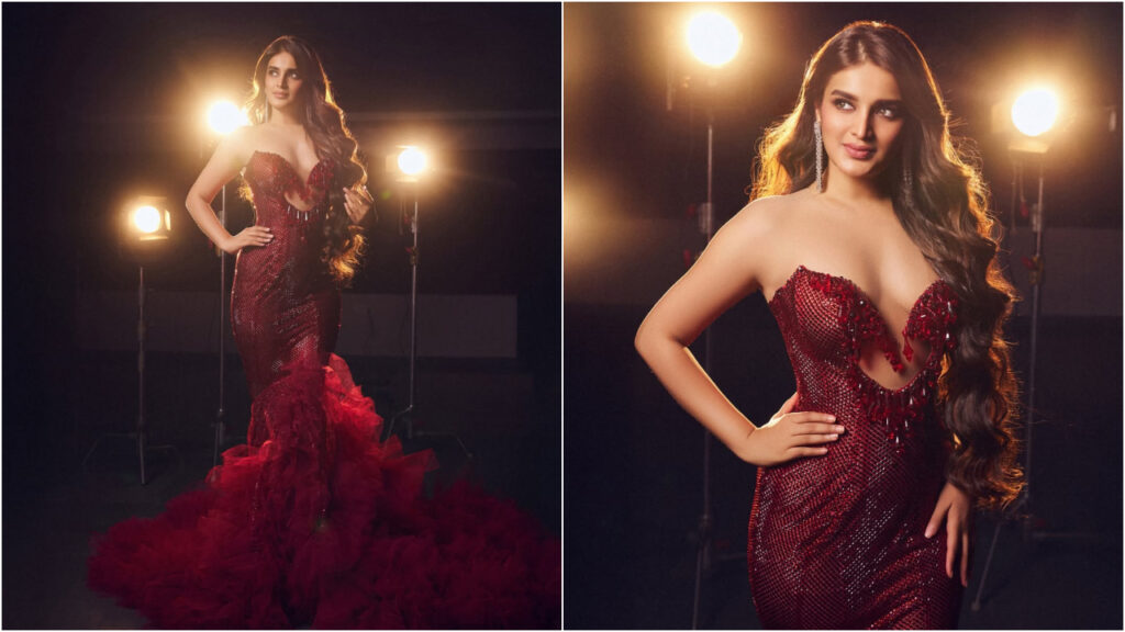 nidhi agarwal red rose bodycon dress