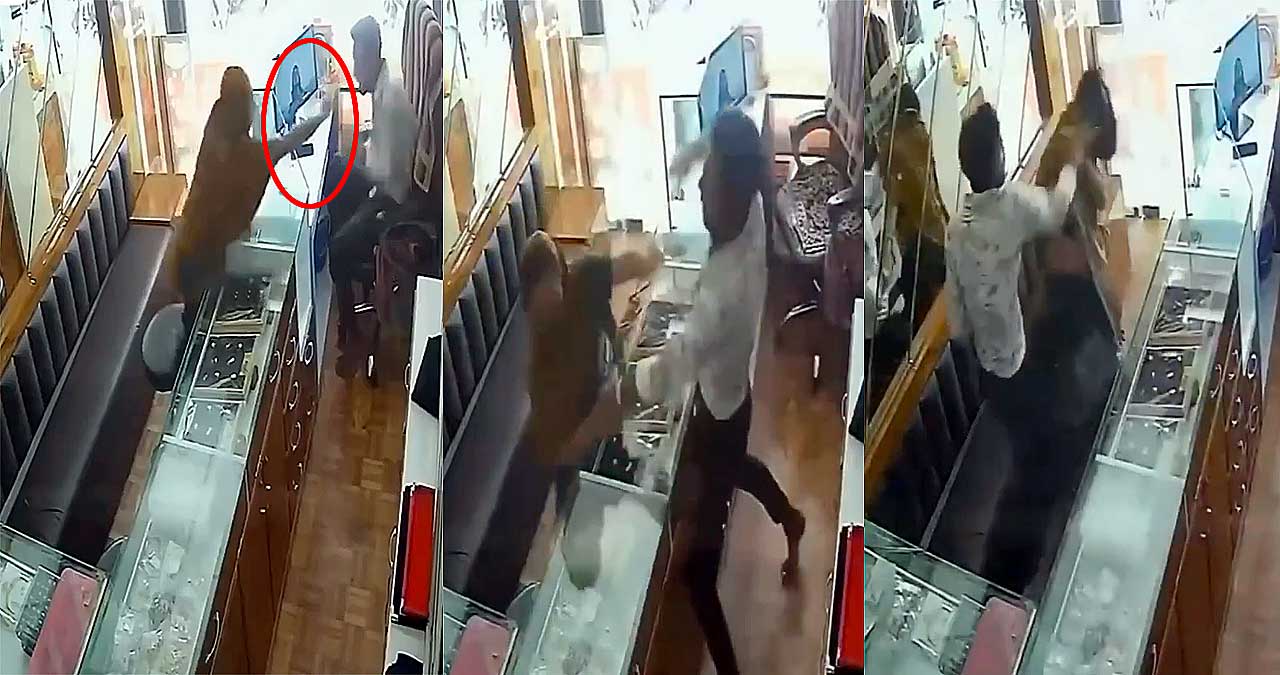 అహ్మదాబాద్‌లో జ్యువెల్లర్ షాపులో యజమాని కళ్లలో కారంపొడి చల్లి దొంగతనం చేద్దామనుకున్న మహిళపై వ్యాపారి చెంపదెబ్బలు కొడుతున్న దృశ్యం