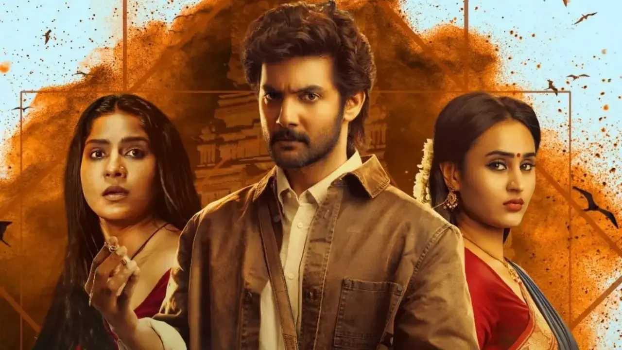Shambala movie Aadi Sai Kumar with Archana Iyer and Swasika Vijay in a mystical thriller backdrop