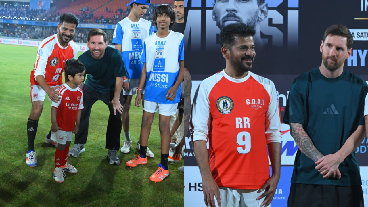 Exclusive photos of CM Revanth Reddy playing a football match with Messi