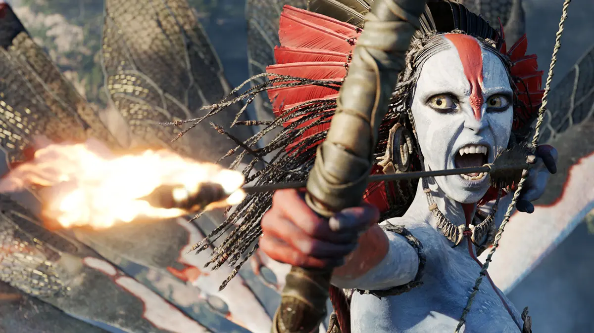 Varang, the fierce antagonist in Avatar 3, firing a flaming arrow during an intense battle scene