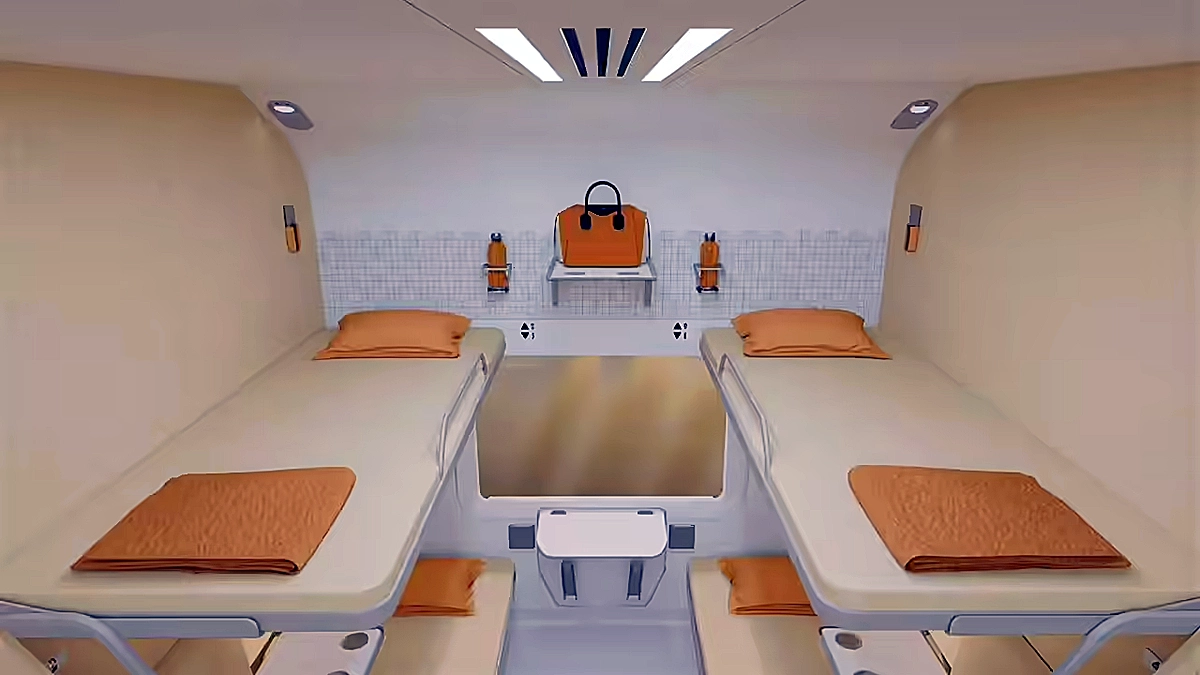 వందే భారత్ స్లీపర్ రైలు అంతర్గత దృశ్యాలు – యూరోపియన్ డిజైన్ ఆధారంగా రూపొందించిన బెర్త్‌లు, నైట్ లైటింగ్, నిల్వ సదుపాయాలు, బయో-వాక్యూమ్ టాయిలెట్‌తో ప్రీమియం రాత్రి ప్రయాణ అనుభవం