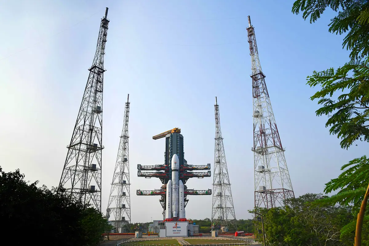 ISRO LVM3-M6 Baahubali rocket standing on second launch pad at Sriharikota before BlueBird Block-2 mission