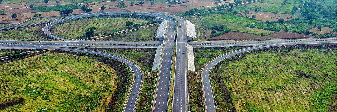 NH44 Hyderabad Bengaluru highway interchange with entry exit ramps and flyover junction view