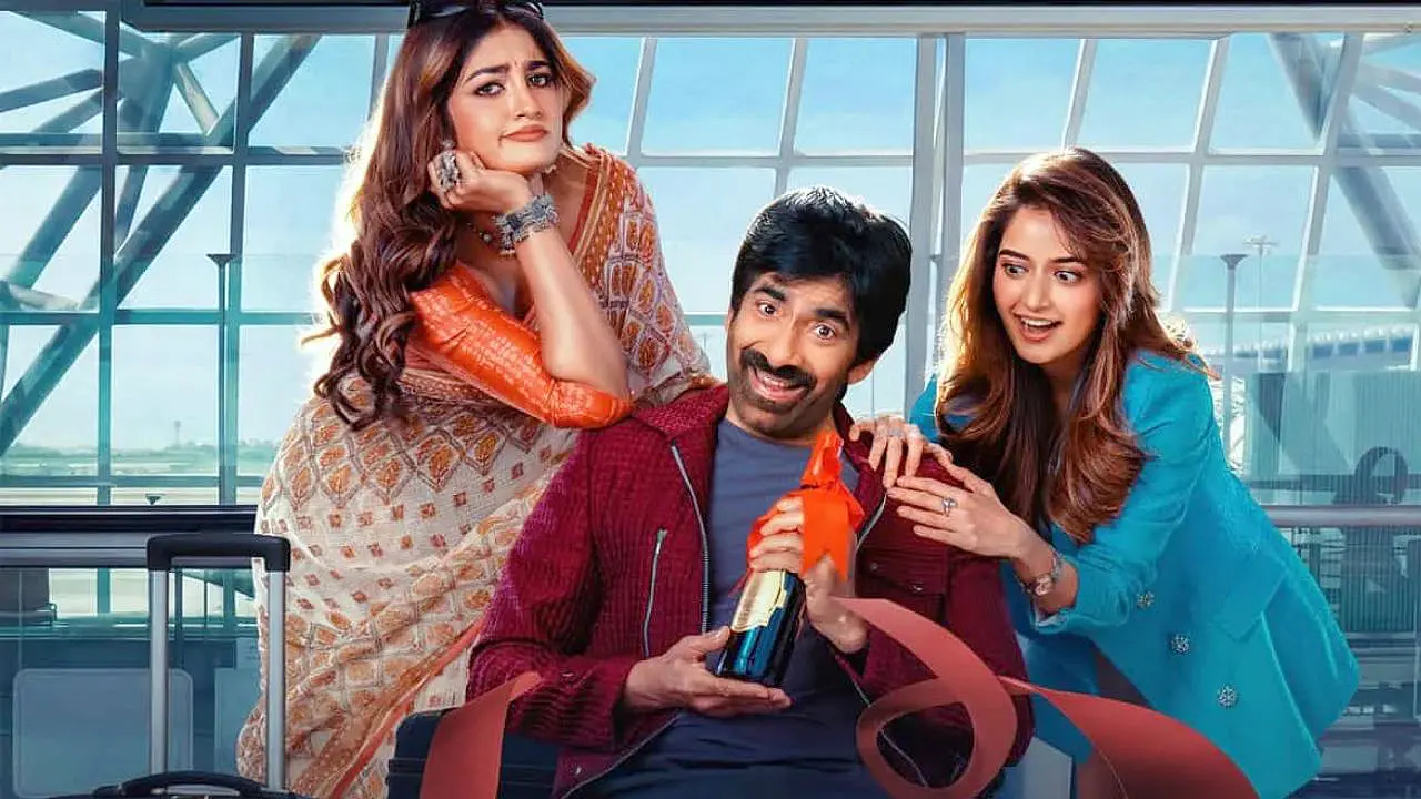 Ravi Teja caught between his wife and lover in a comic airport scene from the film Bharatha Mahashayulaku Vignapthi.