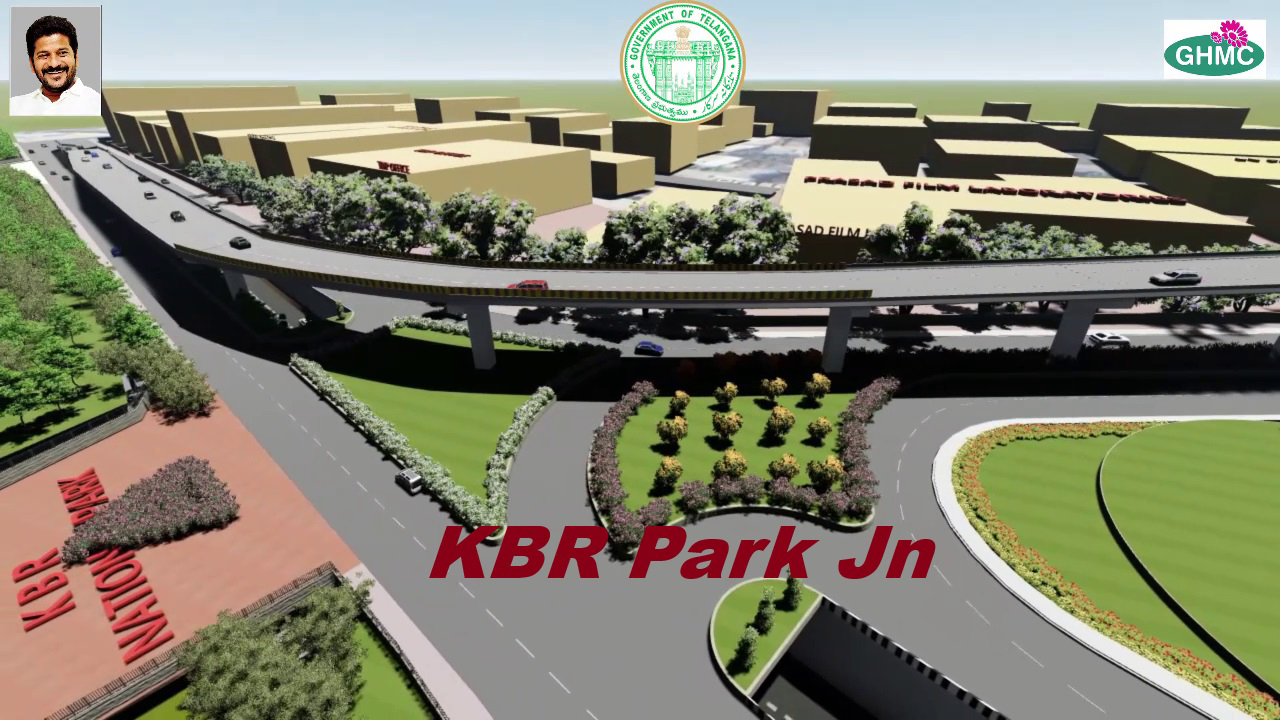 Proposed traffic movement plan showing flyovers and underpasses around KBR Park, Hyderabad.