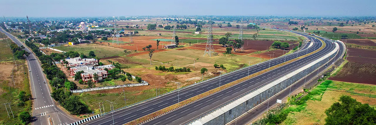 Hyderabad to Bengaluru NH44 access controlled highway aerial view in rural Telangana Andhra Pradesh region