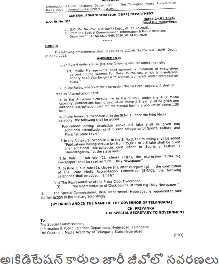 Telangana accreditation GO amendment| అక్రిడిటేషన్ కార్డుల జారీ జీవోలో సవరణలు