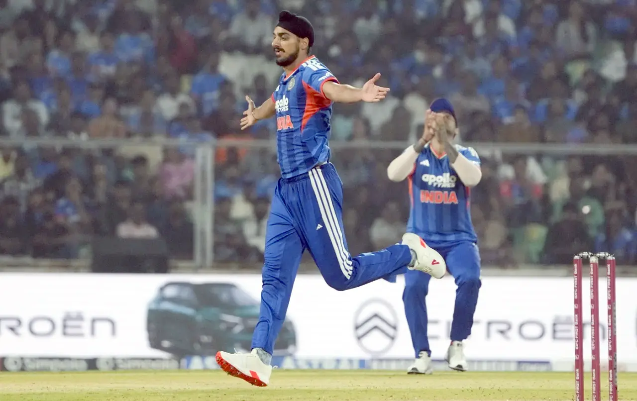 Arshdeep Singh celebrates after taking five wickets against New Zealand in 5th T20I