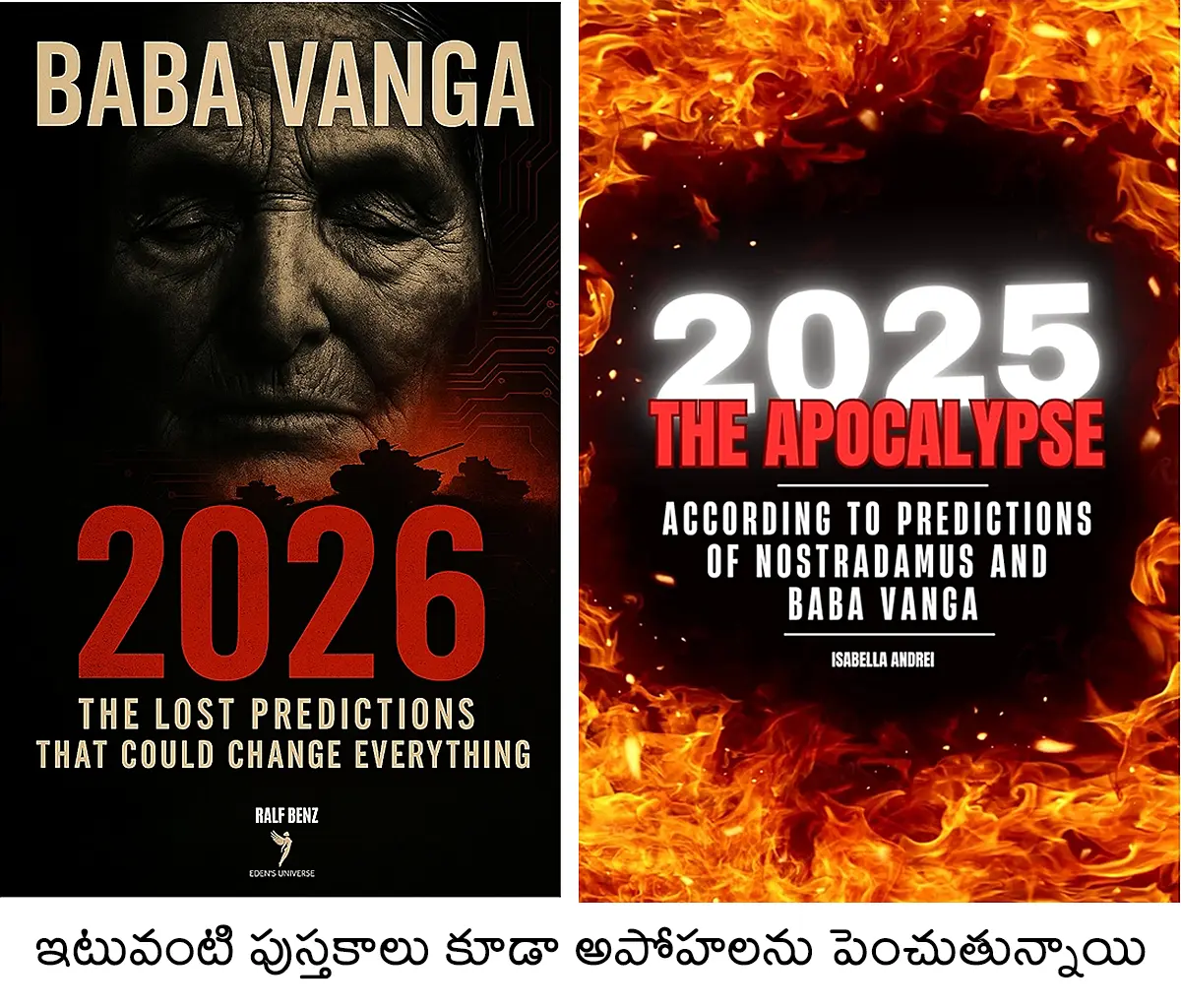 Collage of sensational book covers referencing 2025 and 2026 apocalypse predictions linked to Nostradamus and Baba Vanga, representing how commercial publications amplify doomsday rumours.