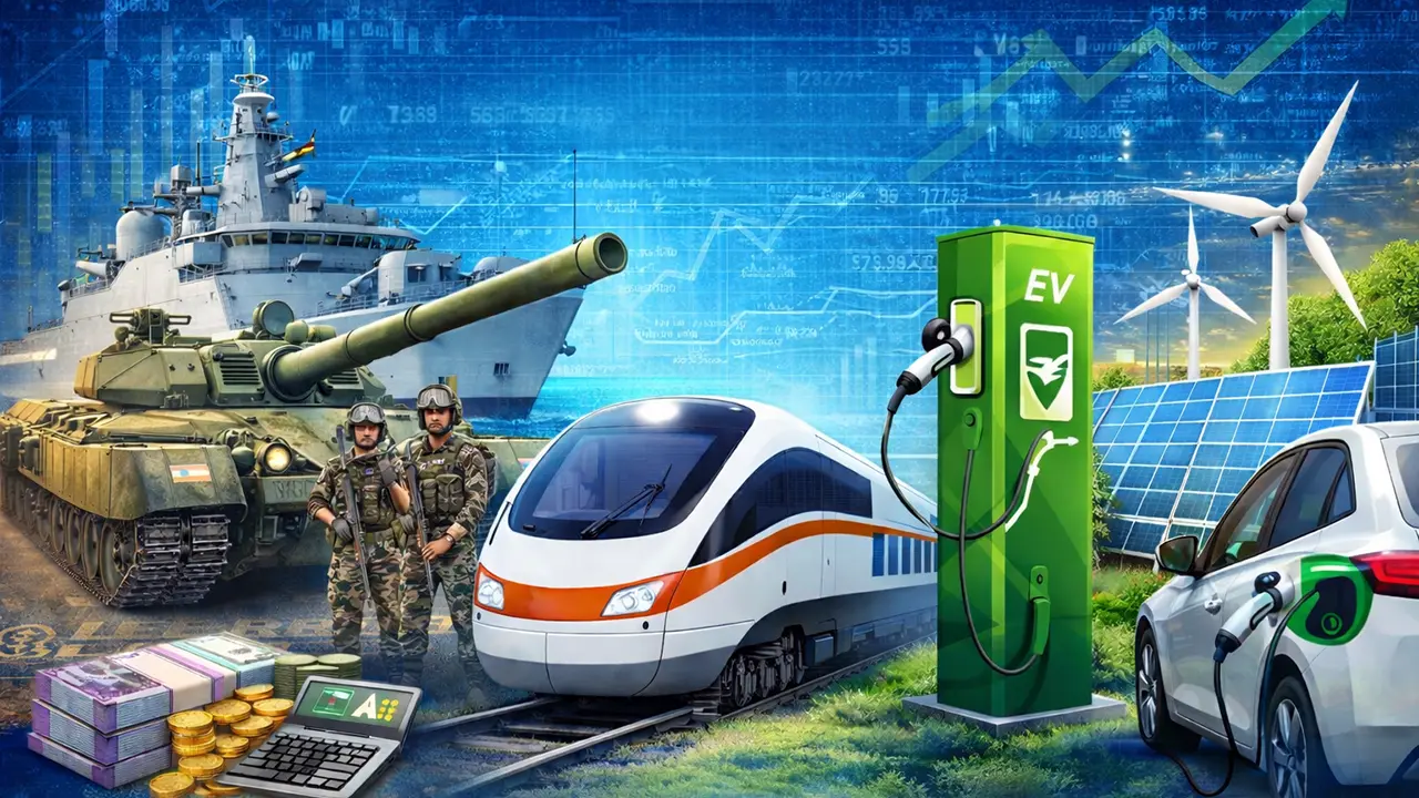 India Budget 2026 sectors illustration showing defence tank and warship, high-speed railway, EV charging station with electric car, solar panels and wind turbines