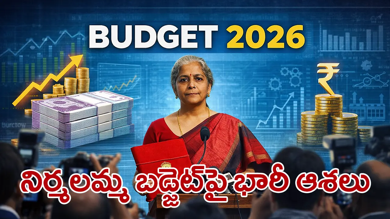 Indian Finance Minister Nirmala Sitharaman preparing for Union Budget 2026 with economic icons and financial charts in the background