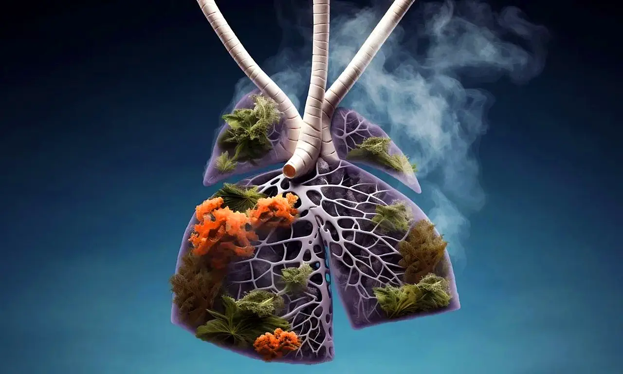 Conceptual medical illustration showing human lungs filled with smoke and pollution-like deposits, representing damage caused by air pollution and toxic inhalation