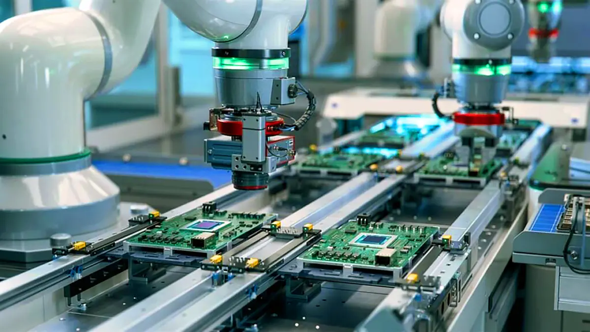 Robotic arms assembling electronic circuit boards in a high-tech factory under India–EU trade deal manufacturing boost