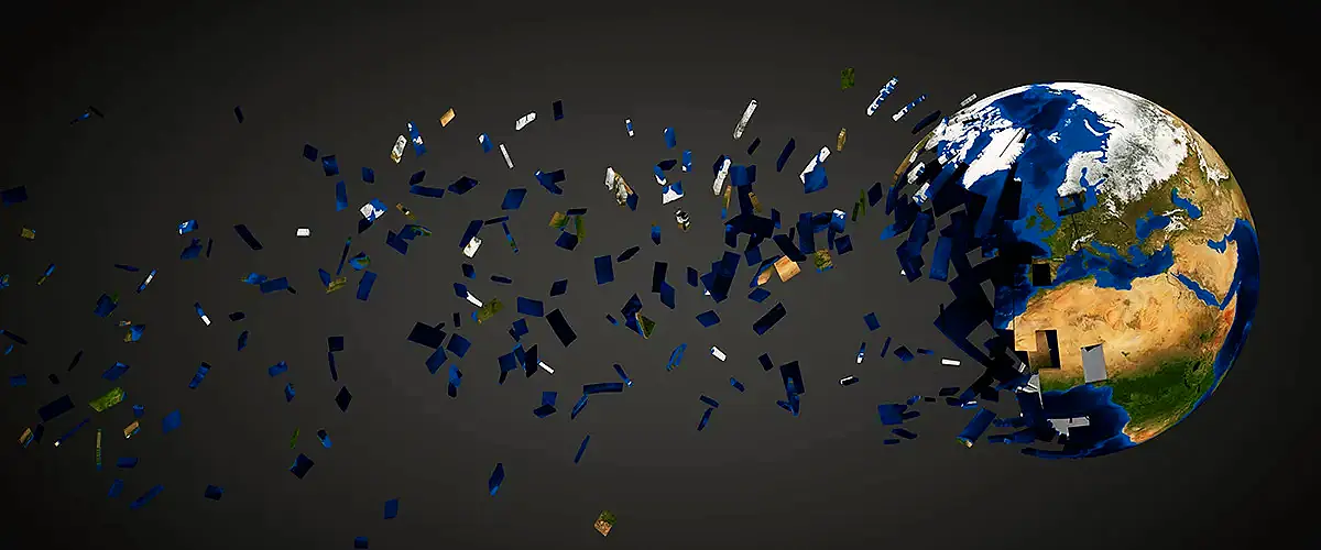 Dark-themed conceptual illustration of Earth breaking into fragments, used to visually represent global doomsday rumours and apocalypse predictions in news stories.