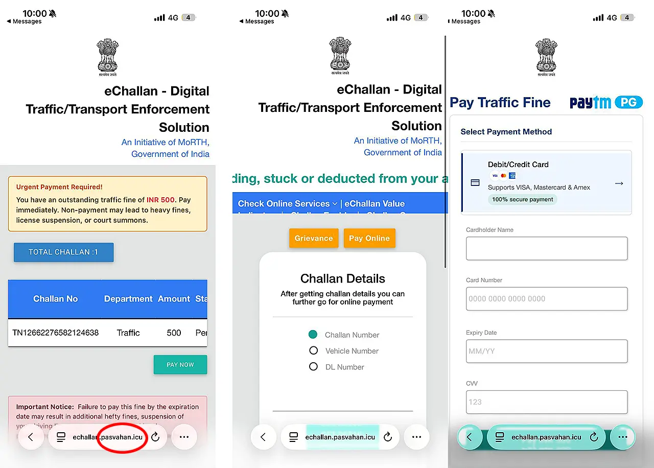 నకిలీ ఈ-చలాన్ వెబ్‌సైట్ స్క్రీన్‌షాట్లు — ‘echallan.pasvahan.icu’ డొమైన్తో రూపొందించిన ఫేక్ పోర్టల్‌లో చలాన్ వివరాలు, ఫేక్ పేమెంట్ గేట్‌వే, కార్డు వివరాలు అడిగే fraudulent interface.