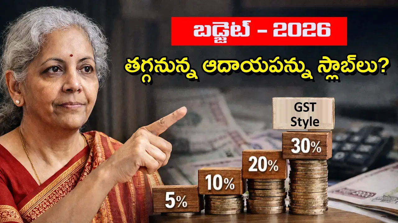 Indian Finance Minister Nirmala Sitharaman pointing at stacked coins representing income tax slabs of 5%, 10%, 20%, and 30%, symbolizing proposed tax reforms in Budget 2026.
