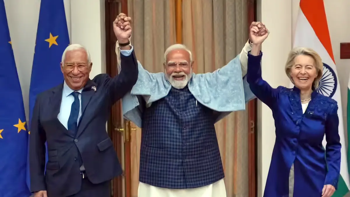 Prime Minister Narendra Modi with EU leaders celebrating historic India–EU free trade agreement in New Delhi