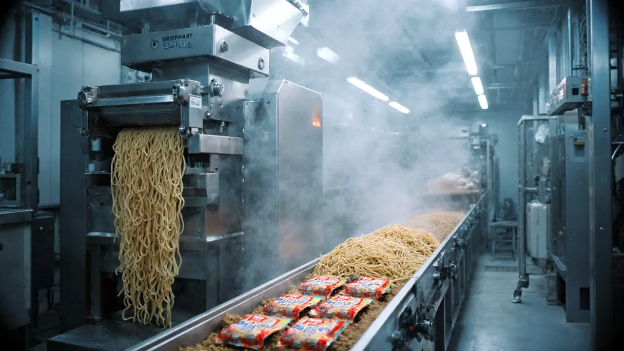 Automated instant noodles manufacturing line showing food processing sector impact of India–EU trade deal