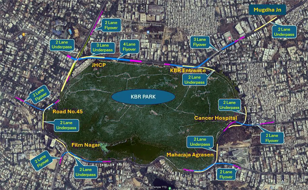 Satellite map highlighting all proposed flyovers and underpasses planned around KBR Park.