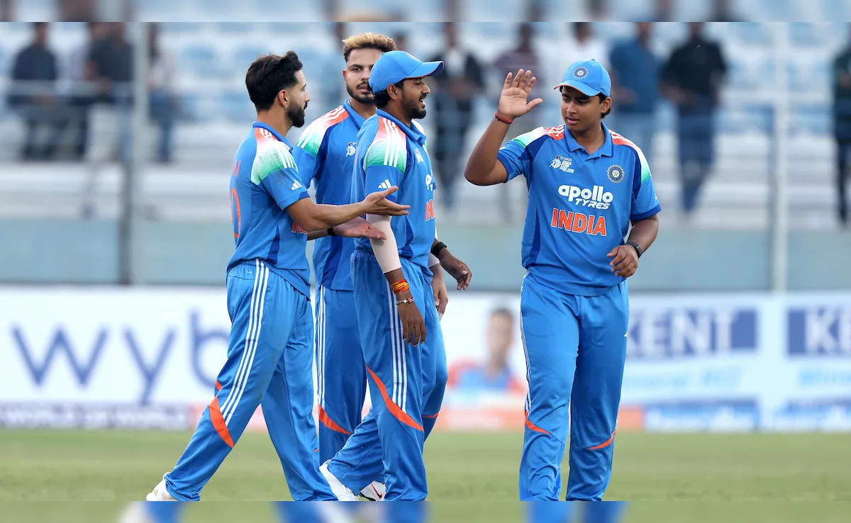 Indian U19 cricket team players celebrating wicket against New Zealand in Under-19 World Cup match