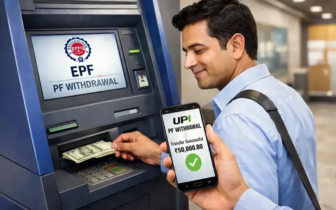 EPF withdrawal through ATM and UPI showing successful PF transfer on mobile phone screen