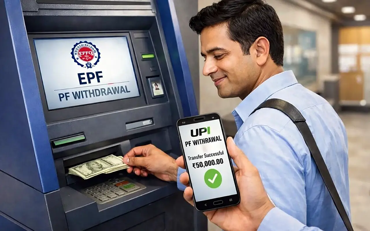 EPF withdrawal through ATM and UPI showing successful PF transfer on mobile phone screen