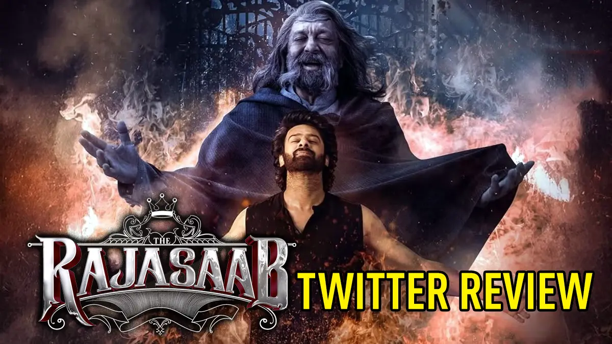 Prabhas and Sanjay Dutt in an intense mystical fire background from The RajaSaab Twitter Review poster.