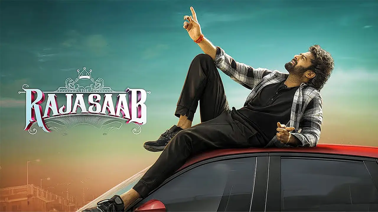 Prabhas posing stylishly on a red car in The RajaSaab movie poster with the film logo.