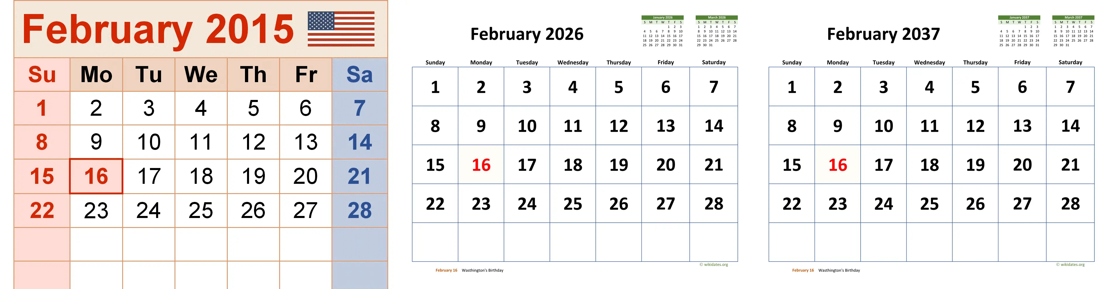 February 2015, 2026 and 2037 calendars comparison showing same Sunday-start 28-day pattern