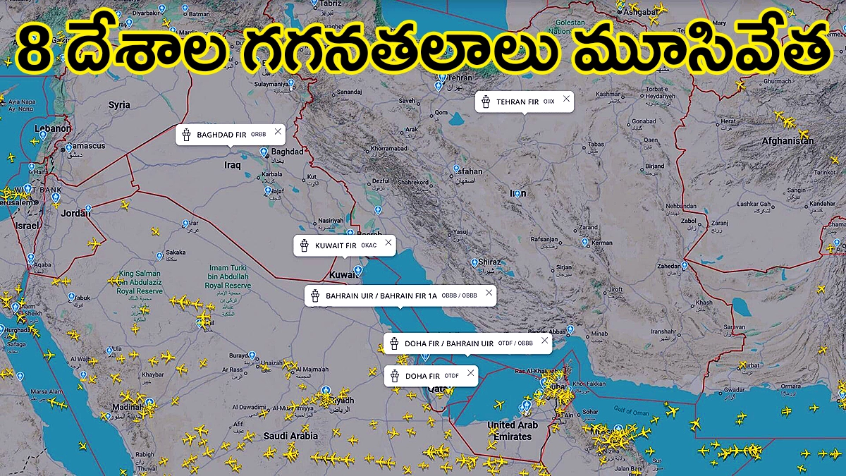 Flightradar24 map of the Middle East showing closed airspaces marked with 'X' over Tehran FIR (Iran), Baghdad FIR (Iraq), Kuwait FIR, Bahrain FIR/UIR, and Doha FIR (Qatar/Bahrain). Yellow airplane icons are clustered around the borders, avoiding the central closed zones over Iran, Iraq, and Gulf states due to recent military tensions.
