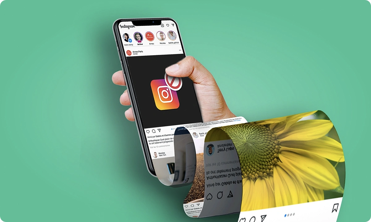 A smartphone displaying the Instagram app icon crossed out with a red prohibition symbol, held in a hand against a green background; Instagram feed elements peel away like a torn strip revealing a sunflower, symbolizing hidden harm or addiction risks for teens.