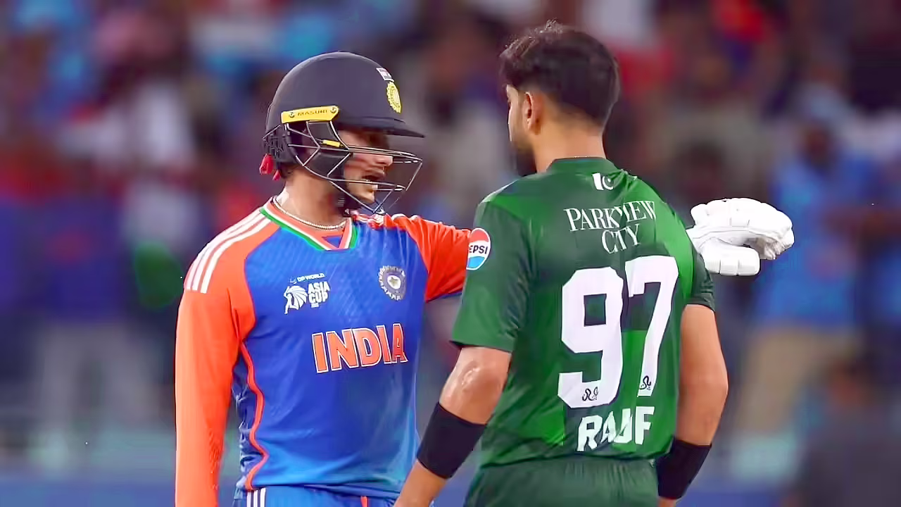 India vs Pakistan T20 match moment featuring Abhishek Sharma and Haris Rauf during T20 World Cup