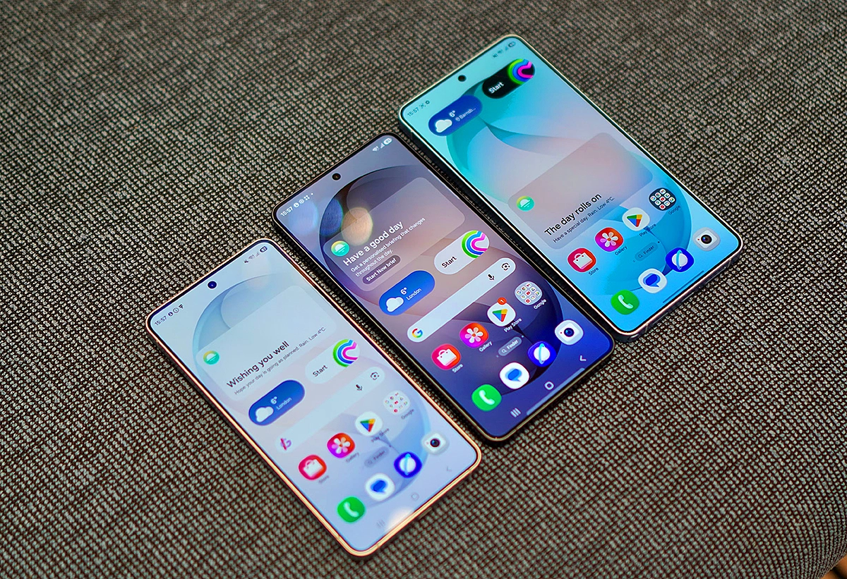 Samsung Galaxy S26 series lineup in different colors displaying vibrant always-on screens