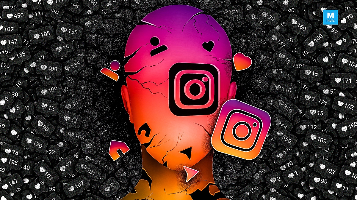 Symbolic illustration of a cracked, shattered human head with a glowing purple Instagram icon inside, fragmented by dark cracks; overwhelmed by colorful hearts, likes, and notifications bursting around it, representing mental health breakdown from social media addiction.