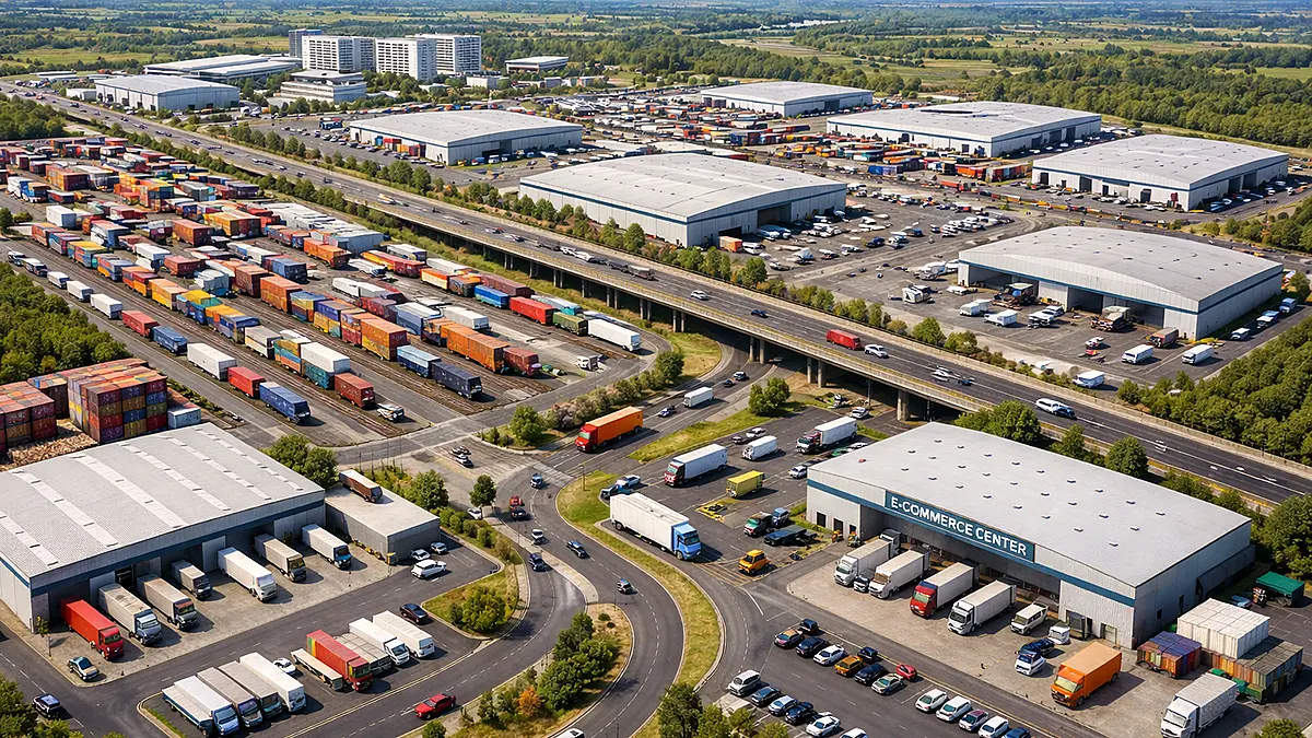 Road transport logistics park with warehouses and freight trucks.