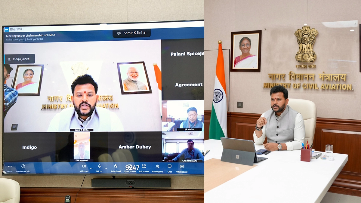 భారత్ పౌర విమానయాన మంత్రిత్వ శాఖ కార్యాలయంలో మధ్యప్రాచ్య పరిస్థితులపై వీడియో కాన్ఫరెన్స్ ద్వారా సమీక్ష నిర్వహిస్తున్న సివిల్ ఏవియేషన్ మంత్రి