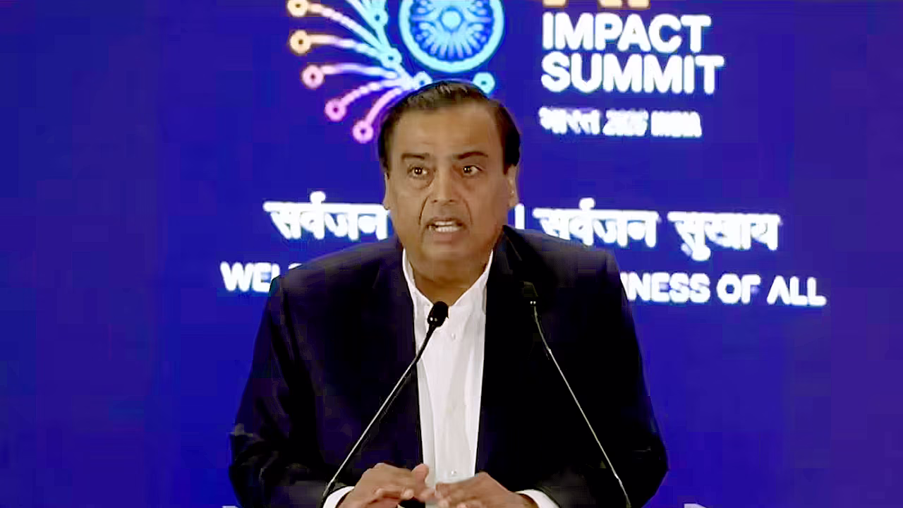 Mukesh Ambani speaking at India AI Impact Summit 2026 about Jio Intelligence and AI infrastructure plan