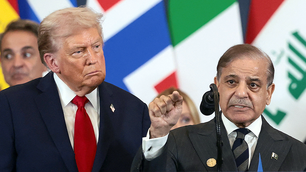 Donald Trump listens as Shehbaz Sharif speaks at global summit event