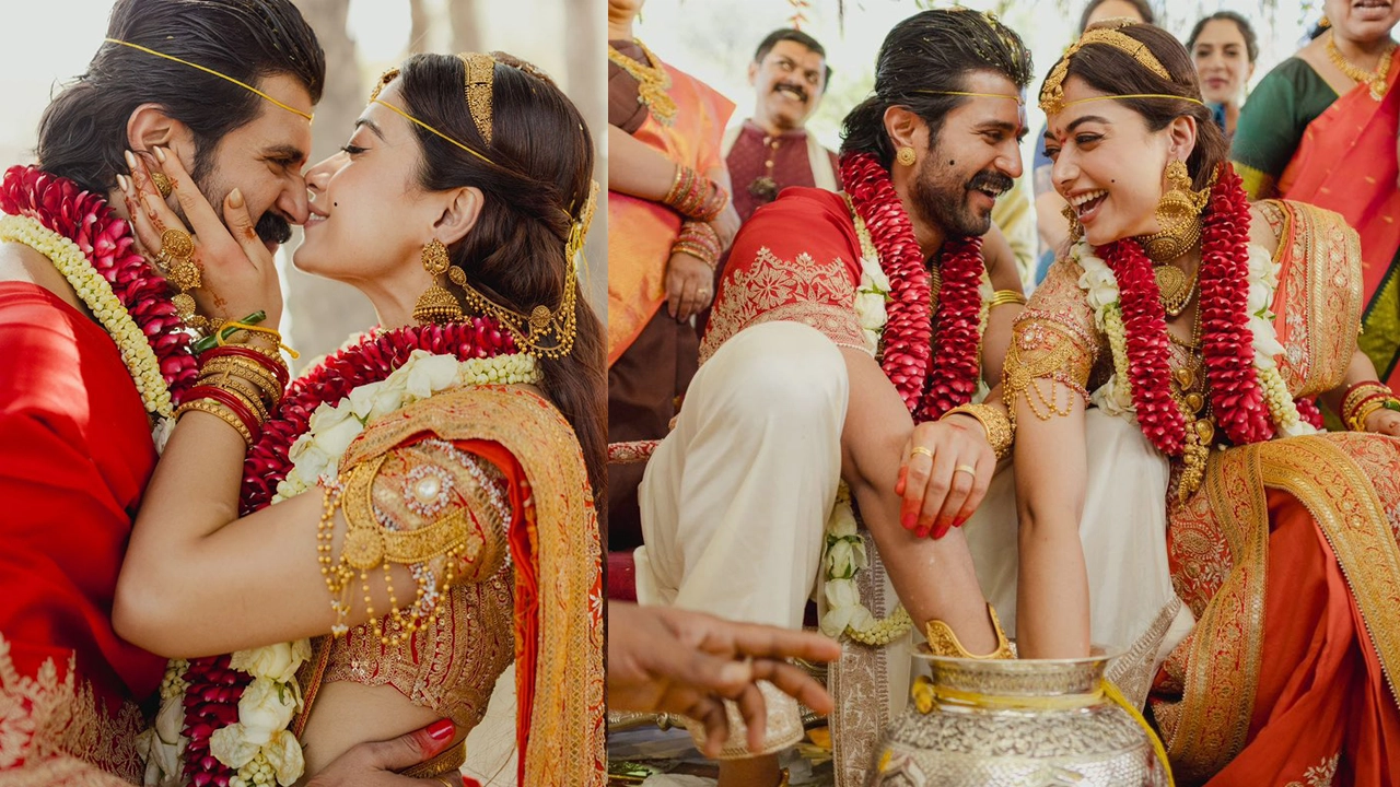 పూలమాలలతో నవ్వులు పంచుకుంటున్న విజయ్ దేవరకొండ మరియు రష్మిక మందన్న