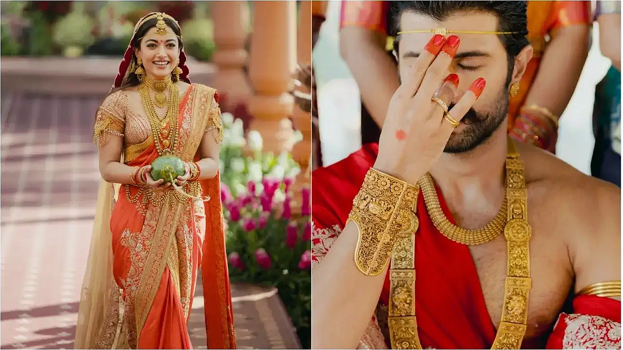 పెళ్లి వేడుకలో పూజా సమయంలో నుదుటిపై తిలకం పెట్టించుకుంటున్న విజయ్ దేవరకొండ