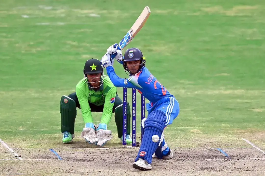 India U19 batsman Vedant Trivedi playing shot against Pakistan in Under 19 World Cup 2026 match