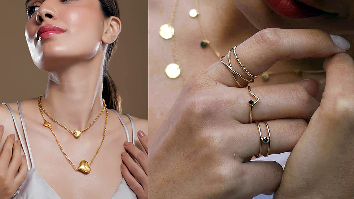 Minimalist gold jewellery layered necklaces rings fashion trend